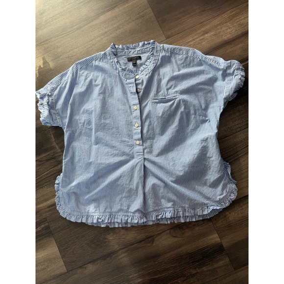 J.Crew Tops - J.Crew Womens Blue White Striped Ruffle Trim Short Sleeve Button Up Top Size 4